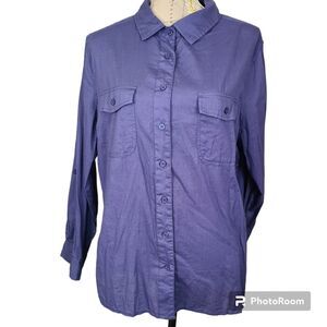 PER SE Size 1X Blue Super Soft Cotton Twill Button-Down Shirt Roll-Tab Sleeves